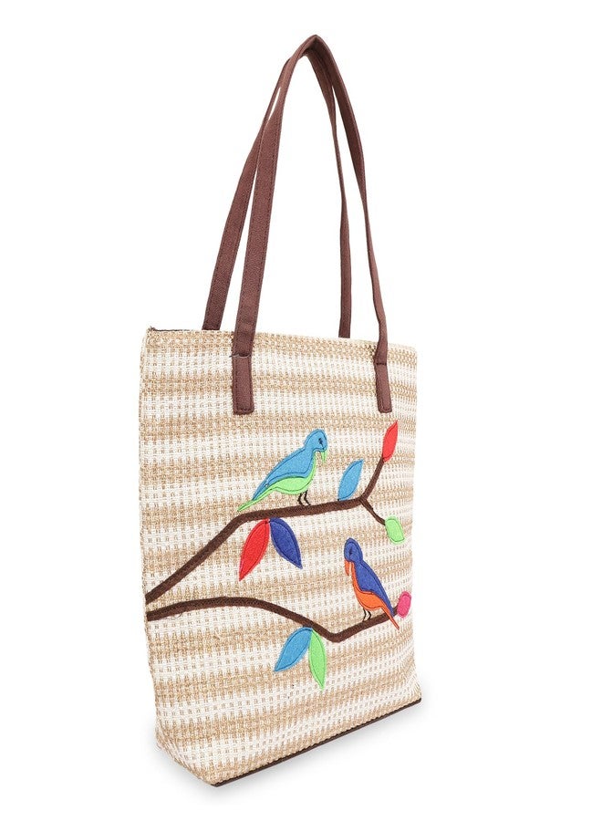 CULT FACTORY Stylish Hand Bag for Women Big Size Jute Hand Bag for Ladies College Tote Bag with Beautiful Birds Design - Image 4